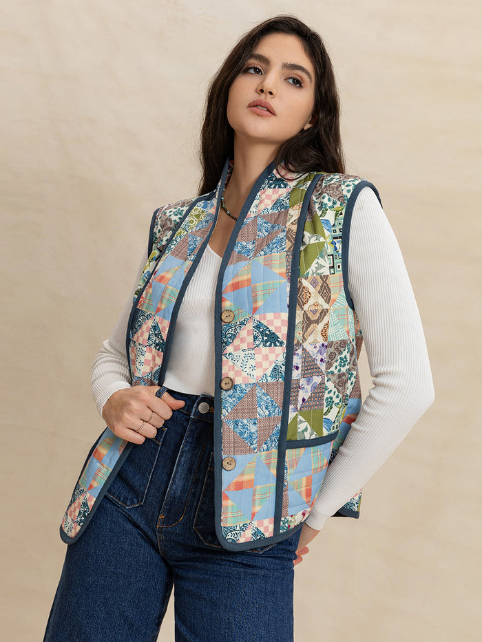 Hazel Blues® |  Printed Patchwork Contrast Piping Vest