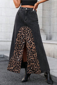 Hazel Blues® |  Slit Leopard Midi Denim Skirt