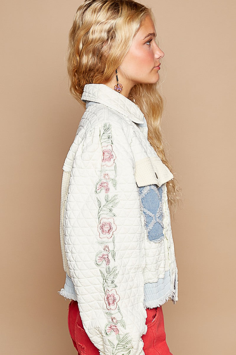 Hazel Blues® |  POL Embroidered Sleeve Raw Edge Quilted Jacket