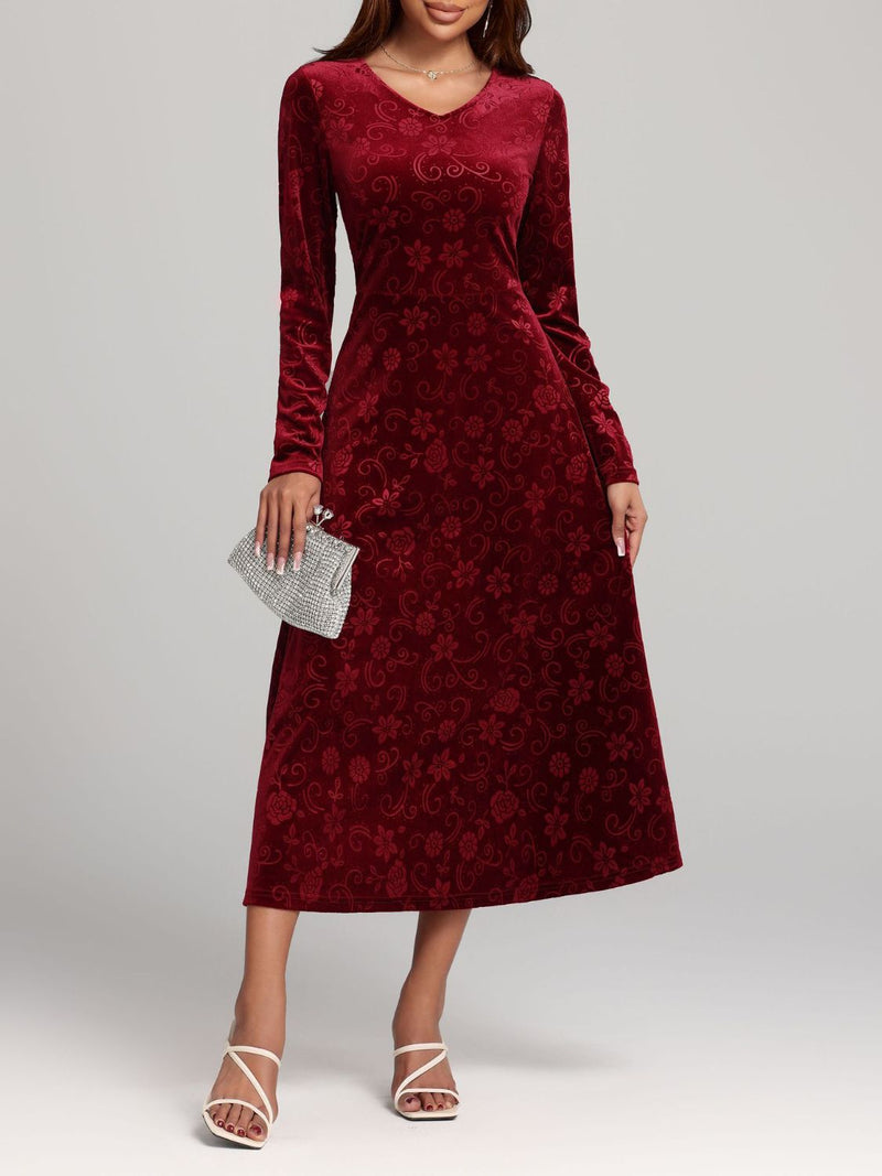 Hazel Blues® |  Flower Print V-Neck Long Sleeve Midi Dress