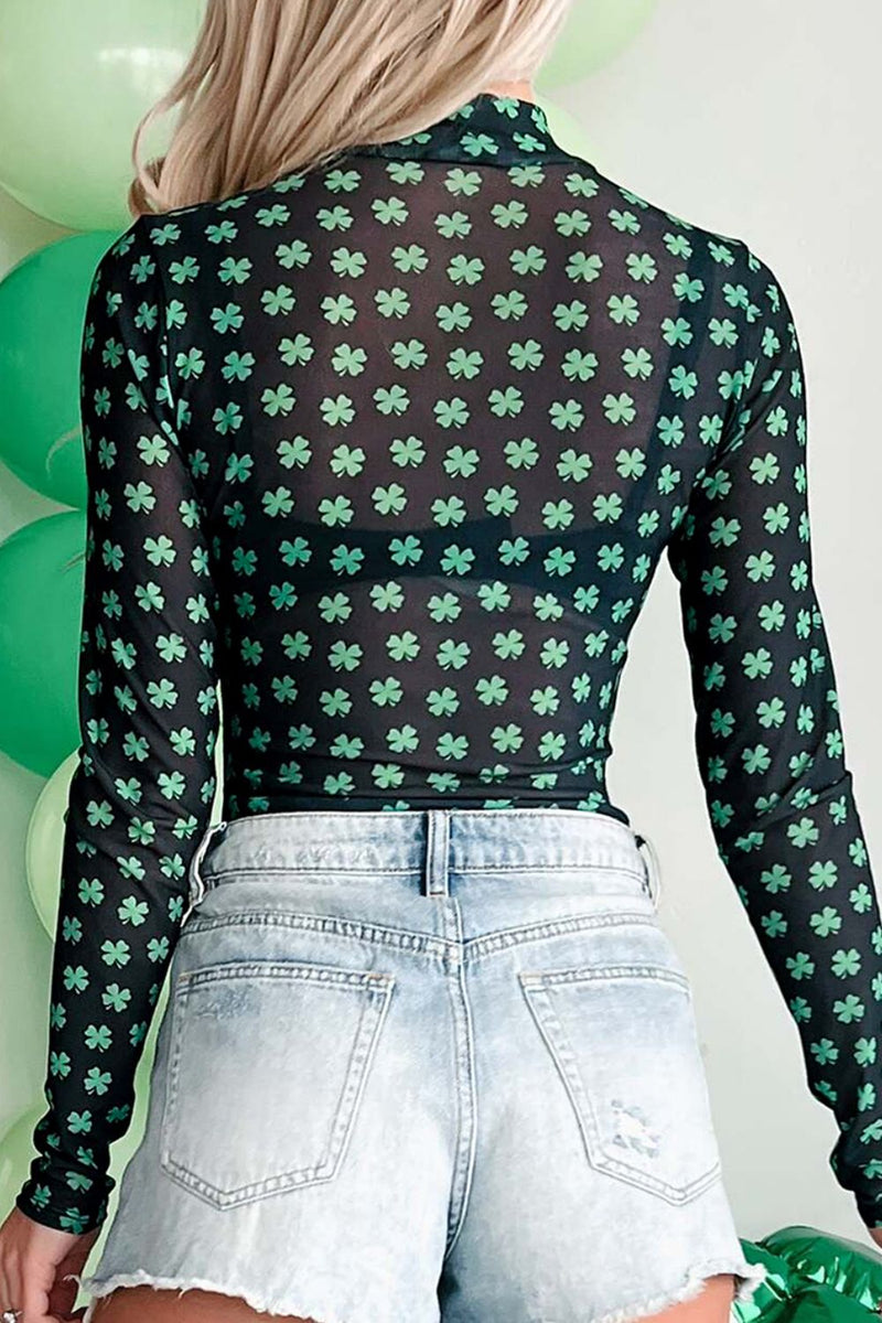 Hazel Blues® |  Lucky Clover Mock Neck Long Sleeve Bodysuit