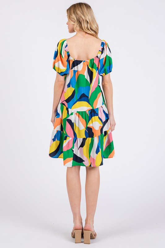 Hazel Blues® |  Ces Femme Abstract Print Sweetheart Neck Puff Sleeve Dress