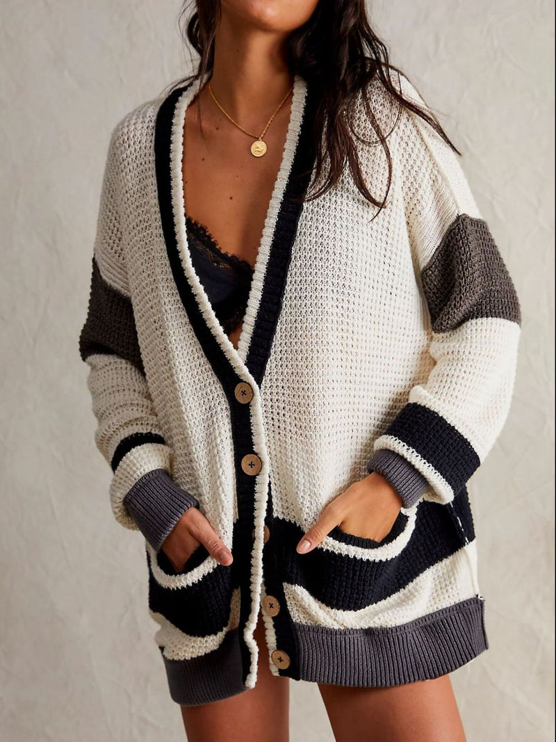 Hazel Blues® |  Pocketed Contrast V-Neck Long Sleeve Cardigan
