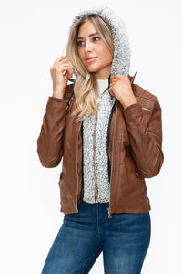 Hazel Blues® |  YMI Removable Faux Layered Multi-Pocket Jacket with Fuzzy Hood