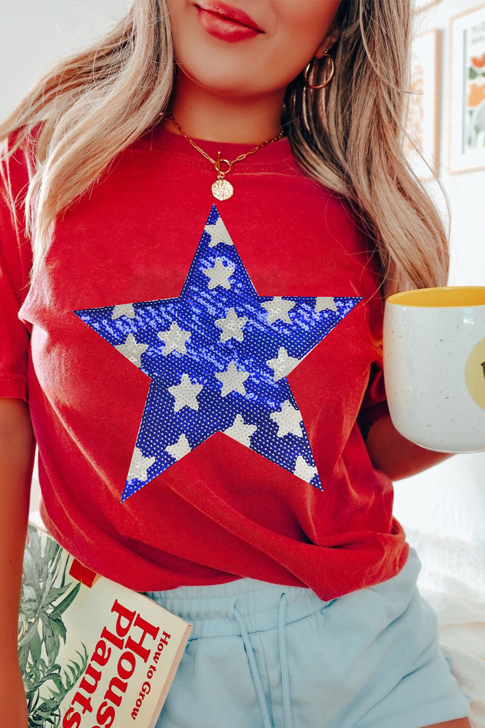 Hazel Blues® |  Red Sequin Star Graphic Crewneck T Shirt