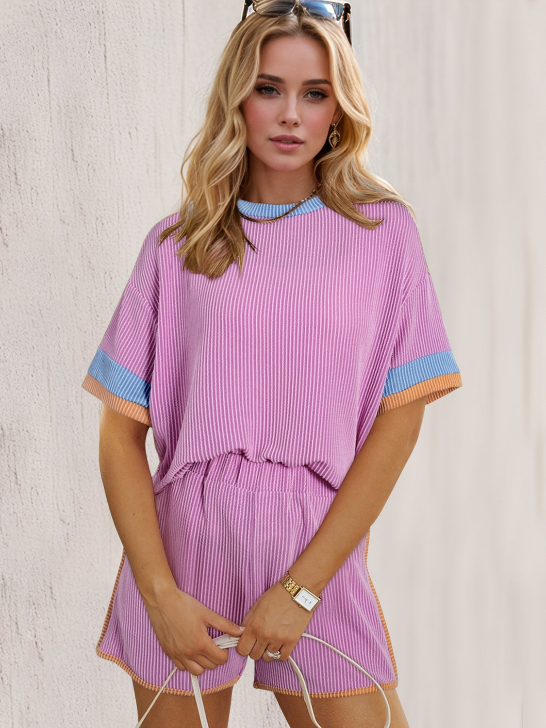 Hazel Blues® |  OH Texture Round Neck Half Sleeve Top and Shorts Set