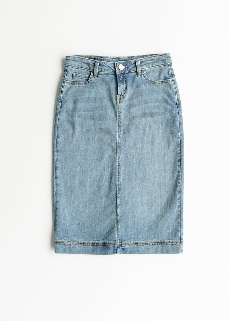 Bryn Light Wash Denim Midi Skirt – Hazel Blues®
