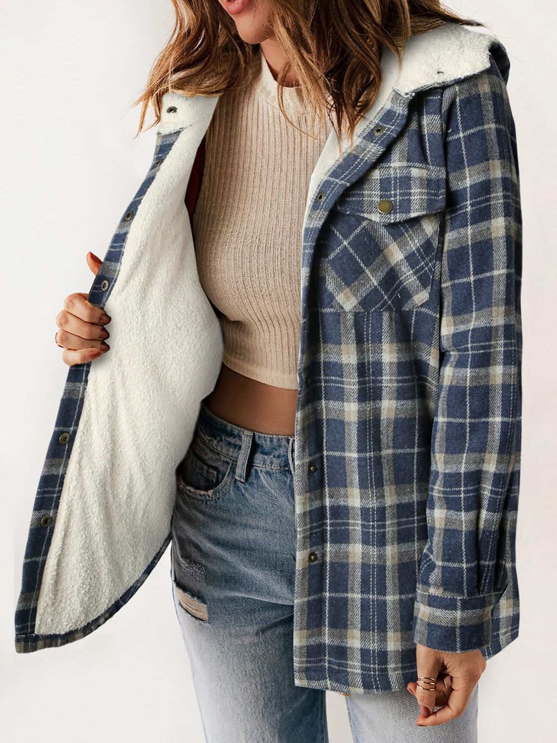 Hazel Blues® |  Plaid Snap Down Plush Hooded Jacket