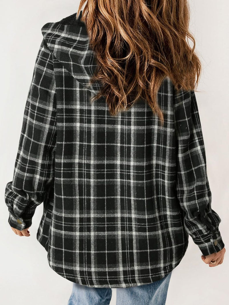 Hazel Blues® |  Plaid Snap Down Plush Hooded Jacket