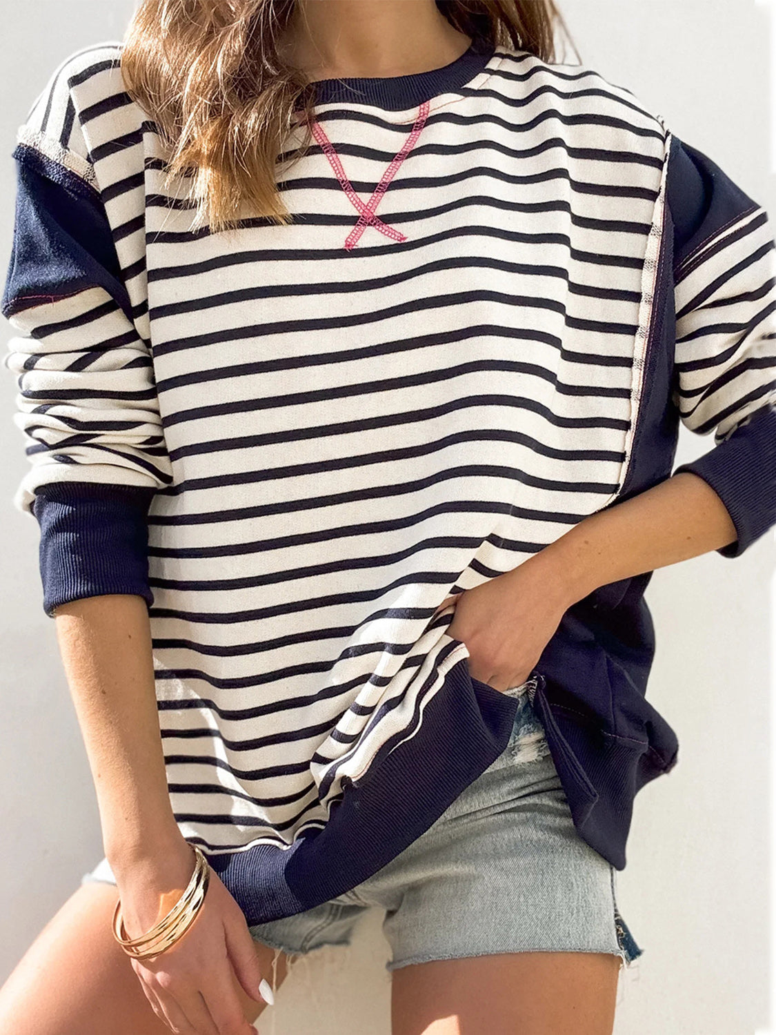 Hazel Blues® |  Slit Exposed Seam Striped Long Sleeve Sweatshirt