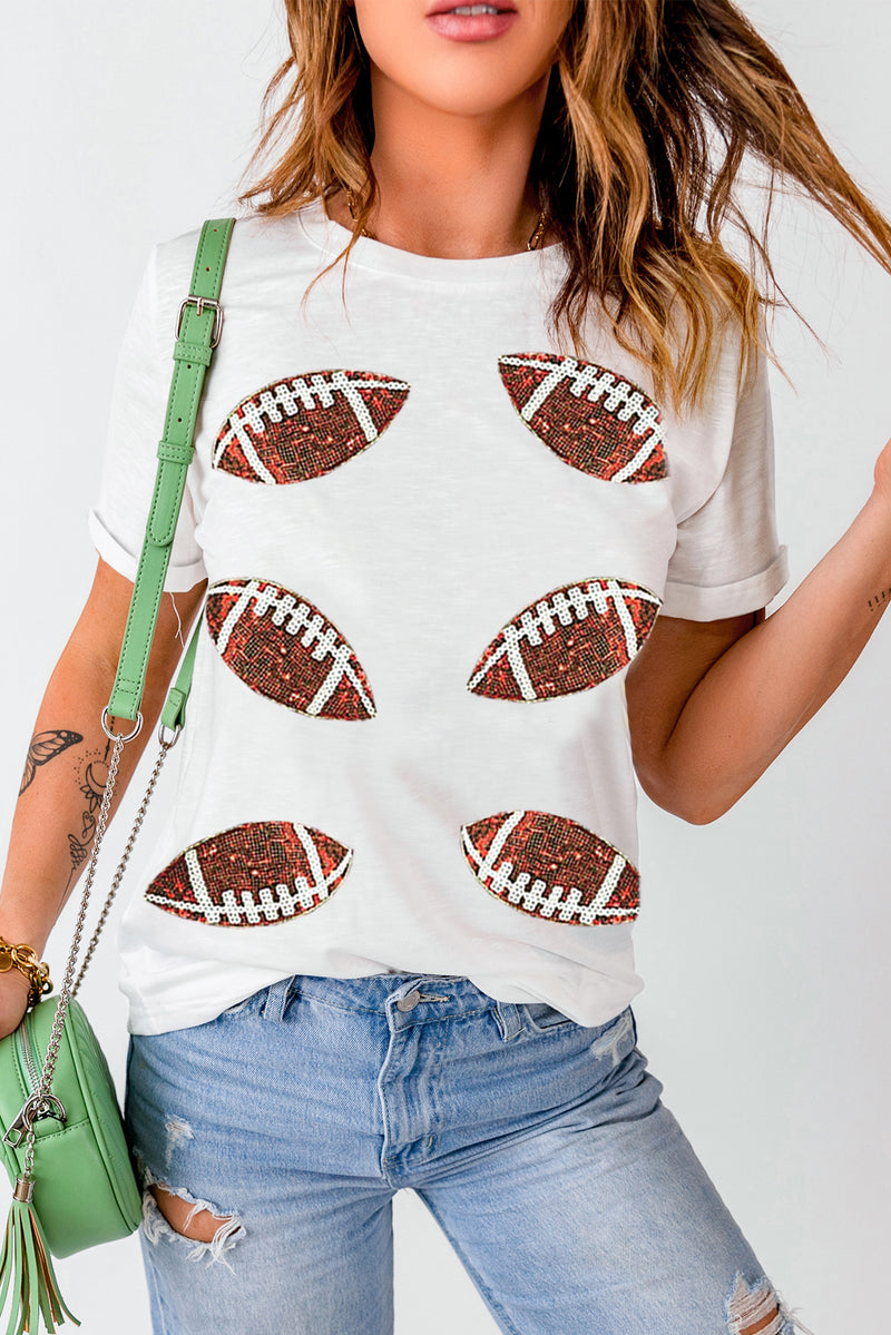 Hazel Blues® |  White Sequined Football Graphic Cotton T Shirt