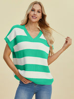Hazel Blues® |  Double Take Striped V-Neck Short Sleeve Sweater