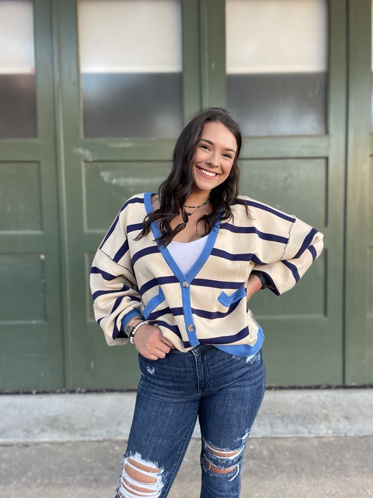 Contrast Trim Cardigan in Navy Stripe