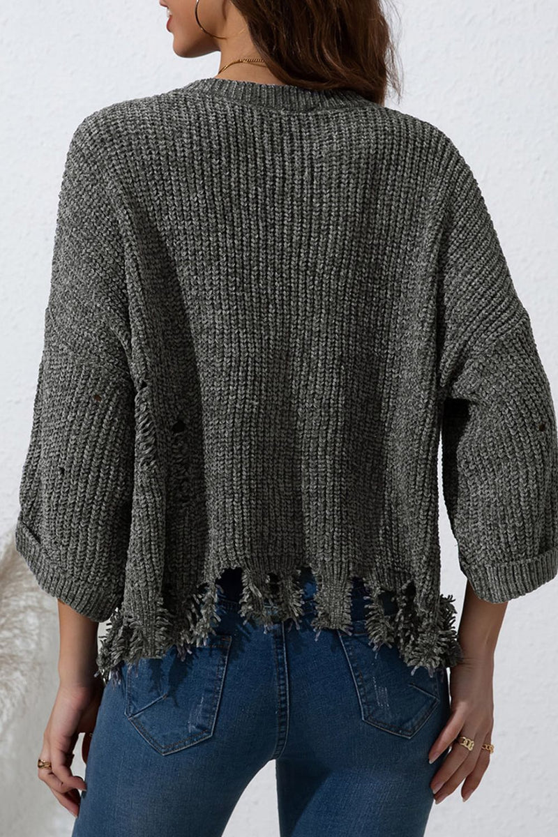 Hazel Blues® |  Distressed Round Neck Drop Shoulder Sweater