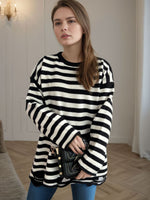 Hazel Blues® |  Distressed Striped Round Neck Long Sleeve Sweater