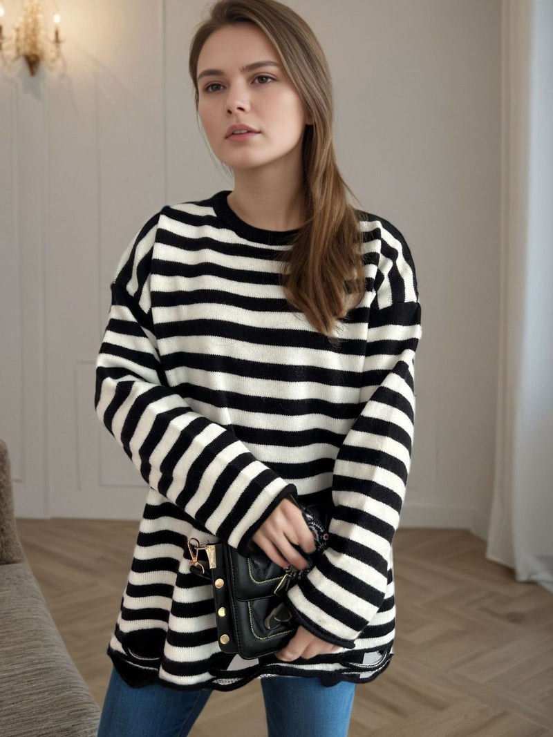 Hazel Blues® |  Distressed Striped Round Neck Long Sleeve Sweater
