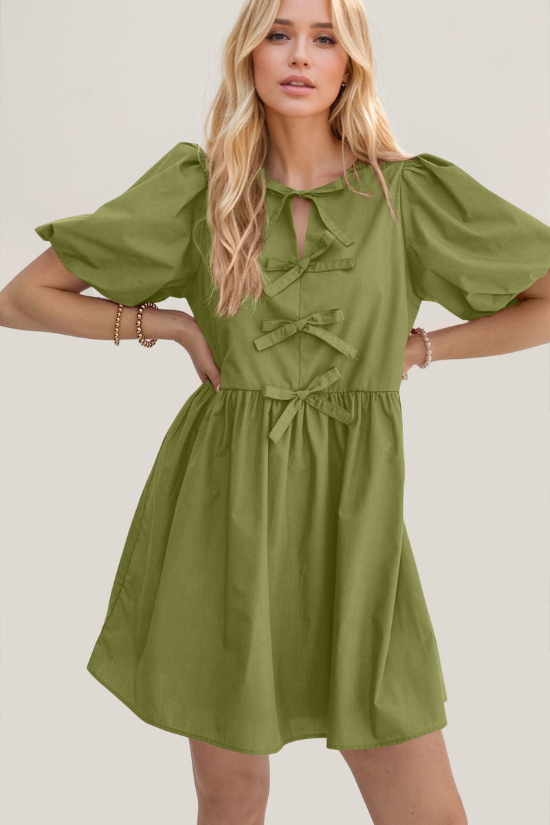 Hazel Blues® |  Oh Bow Ruched Puff Sleeve Mini Dress