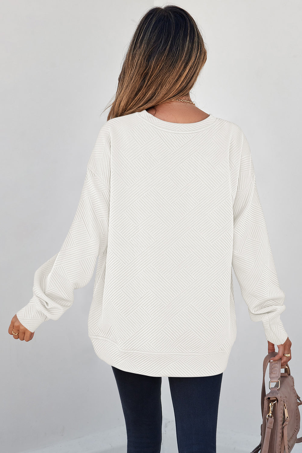 White Solid Color Textured Round-Neck Drop-Shoulder Pullover Sweatshirt