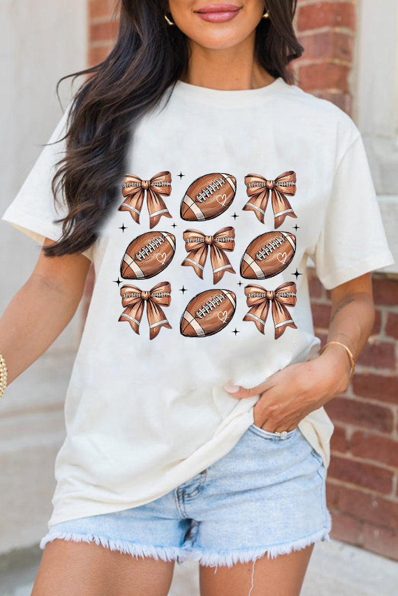 Hazel Blues® |  White Football Fashion Bow Print Cotton Blend T Shirt