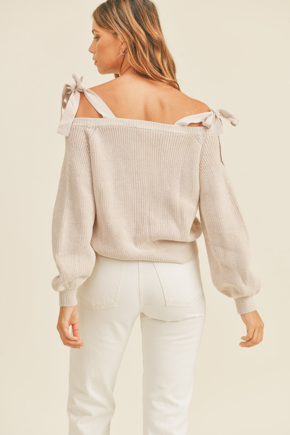 Hazel Blues® |  MABLE Off Shoulder Self Tie Strap Button Down Sweater