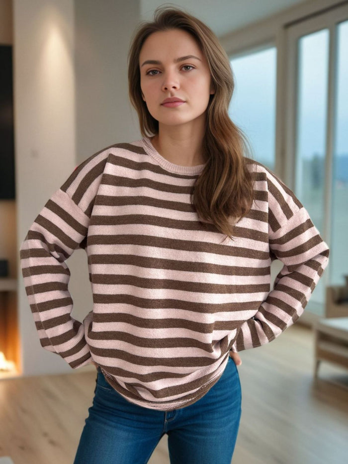 Hazel Blues® |  Distressed Striped Round Neck Long Sleeve Sweater