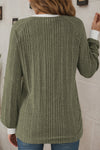 Hazel Blues® |  Moss Green Ribbed Contrast Cuffed Round Neck Long Sleeve T Shirt