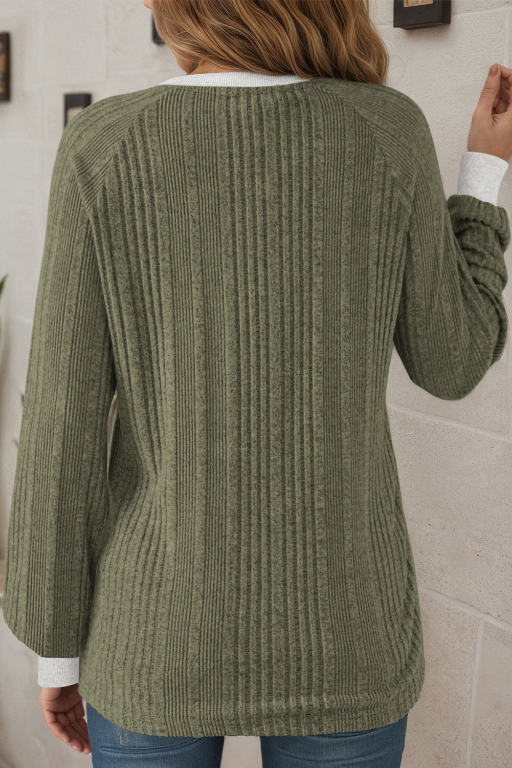 Hazel Blues® |  Moss Green Ribbed Contrast Cuffed Round Neck Long Sleeve T Shirt