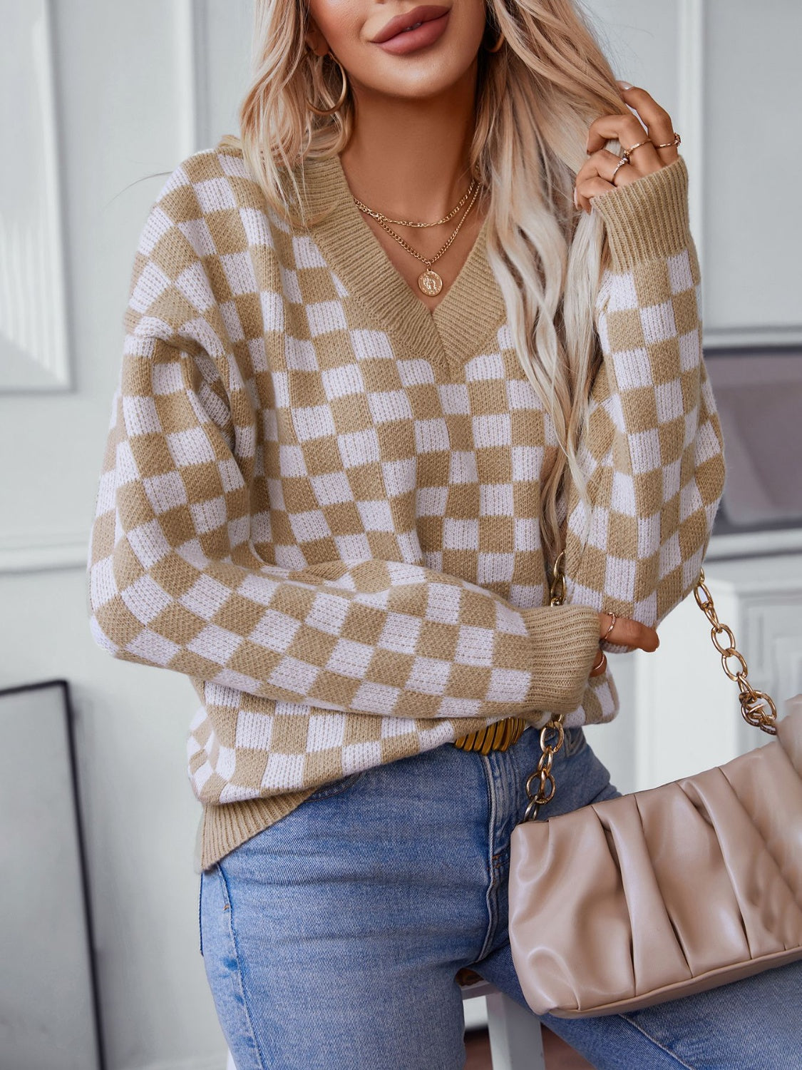 Hazel Blues® |  Checkered V-Neck Dropped Shoulder Sweater