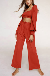 Hazel Blues® |  Spaghetti Strap Bra, Open Front Cardigan and Drawstring Pants Set