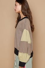 Hazel Blues® |  POL Waffle-Knit Detail Color Block Round Neck Sweatshirt