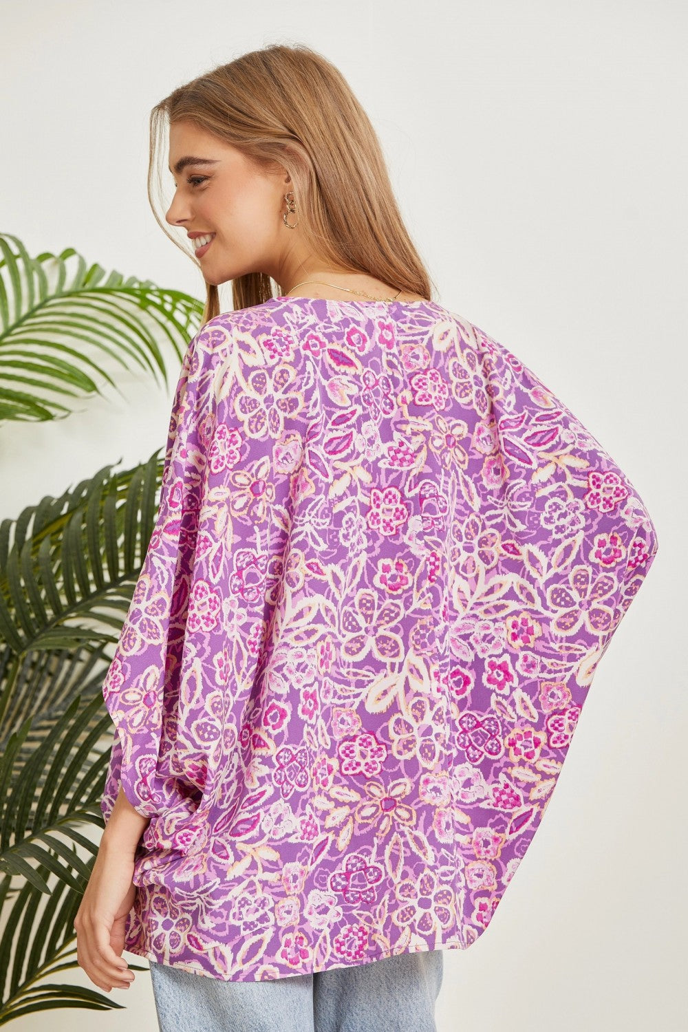 Hazel Blues® |  Printed Poncho Woven Top in Orchid