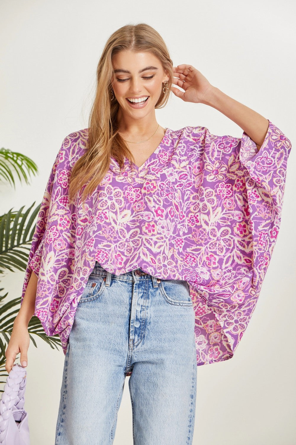 Hazel Blues® |  Printed Poncho Woven Top in Orchid