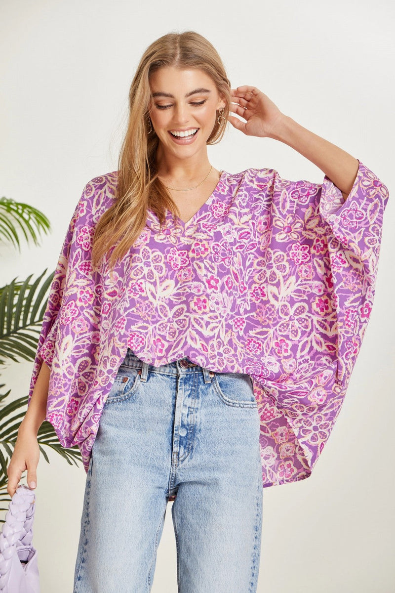 Hazel Blues® |  Printed Poncho Woven Top in Orchid