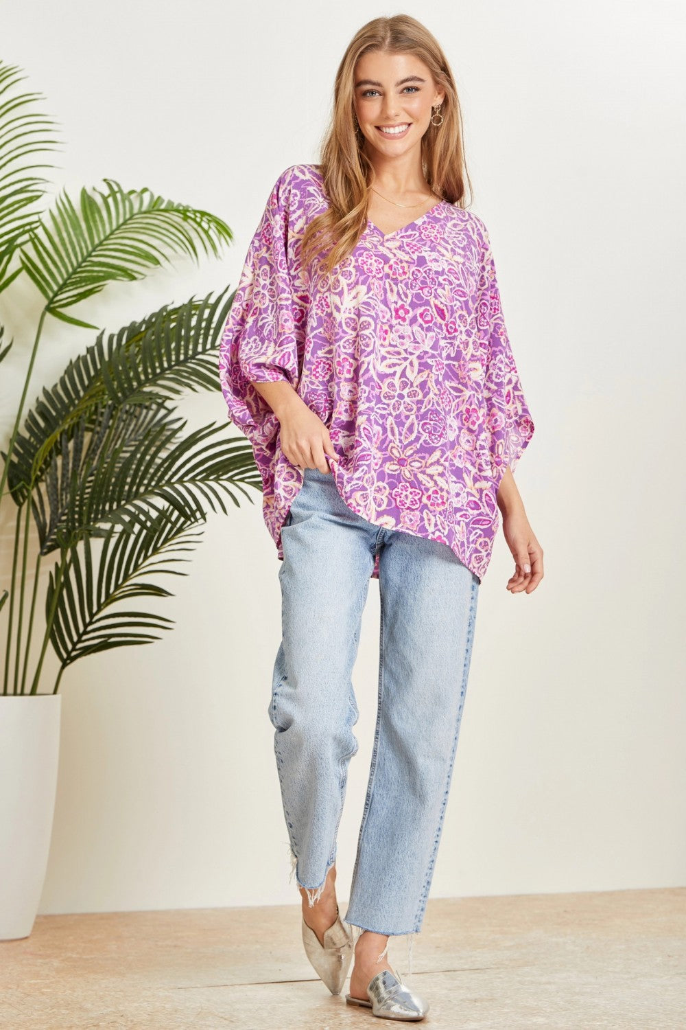 Hazel Blues® |  Printed Poncho Woven Top in Orchid