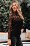 Hazel Blues® |  Black Lace Crochet Mesh Patched Slim Fit Long Sleeve Top