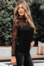 Hazel Blues® |  Black Lace Crochet Mesh Patched Slim Fit Long Sleeve Top