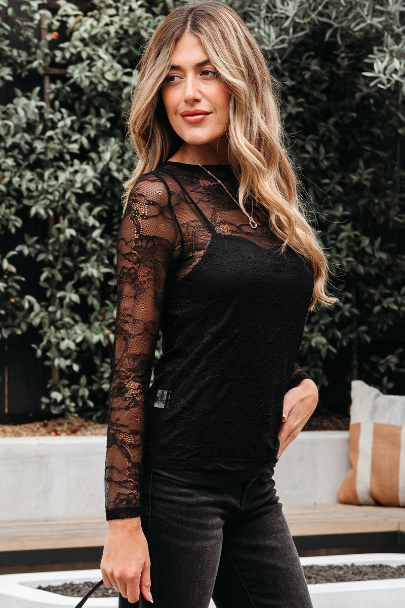 Hazel Blues® |  Black Lace Crochet Mesh Patched Slim Fit Long Sleeve Top