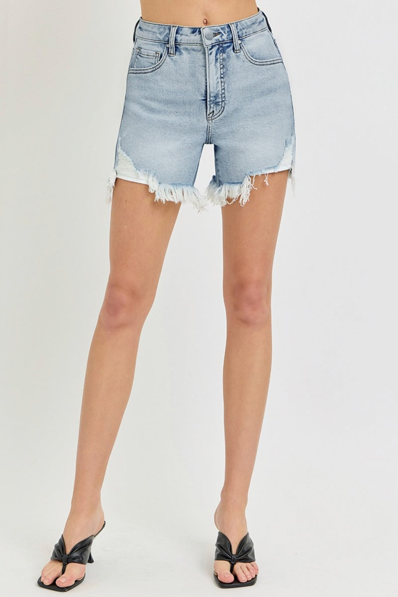 Hazel Blues® |  RISEN High Rise Side Step Hem Denim Shorts