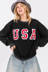 Hazel Blues® |  SAGE + FIG USA Letter Patch Round Neck Sweatshirt