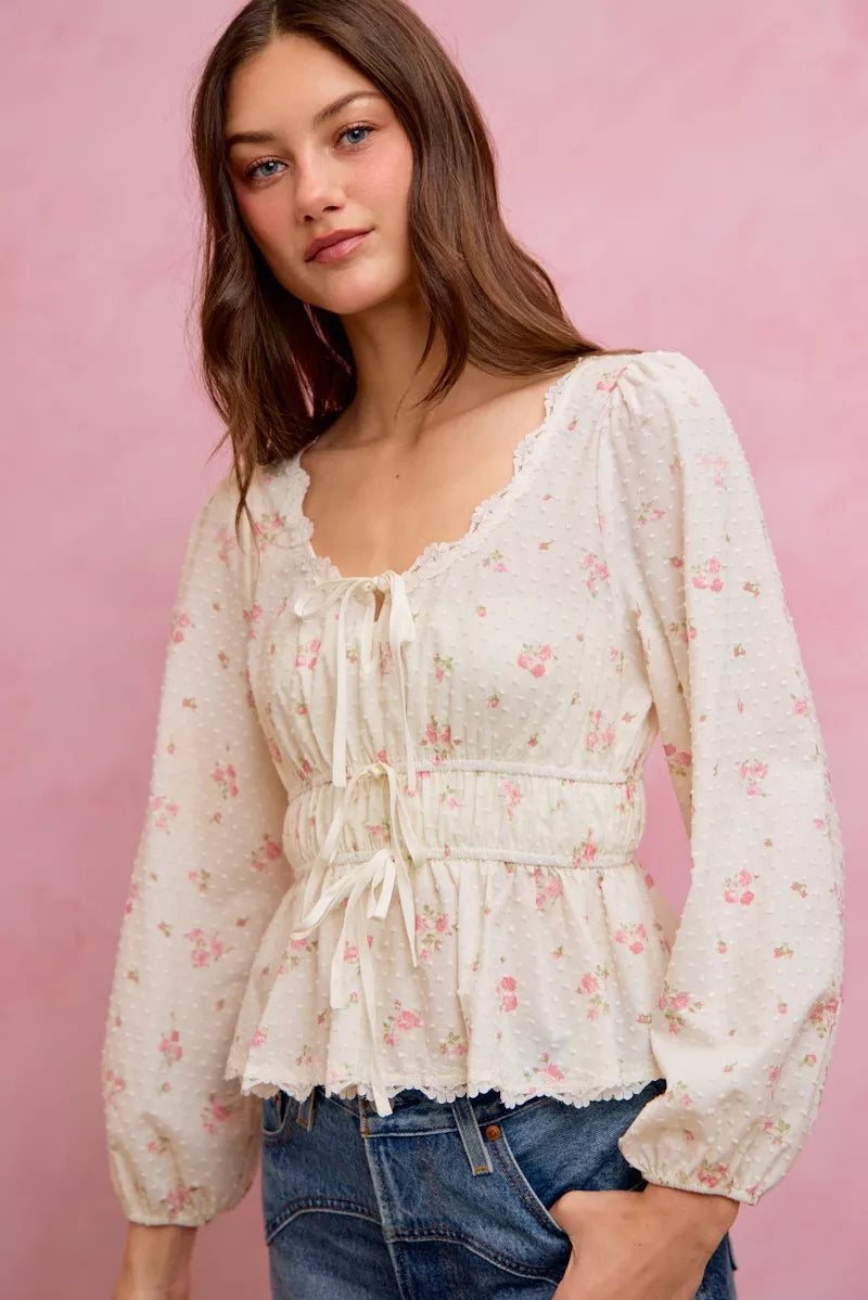 SO ME Floral Clip Dot Lace Trim Ruched Bodice Blouse – Hazel Blues®