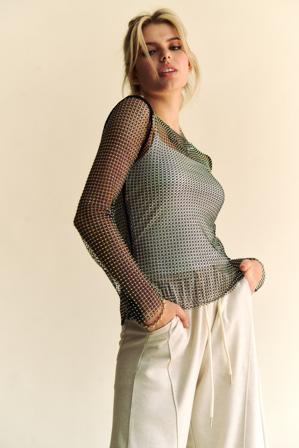 Hazel Blues® |  Davi & Dani Sparkling Rhinestone Sheer Mesh Round Neck Top