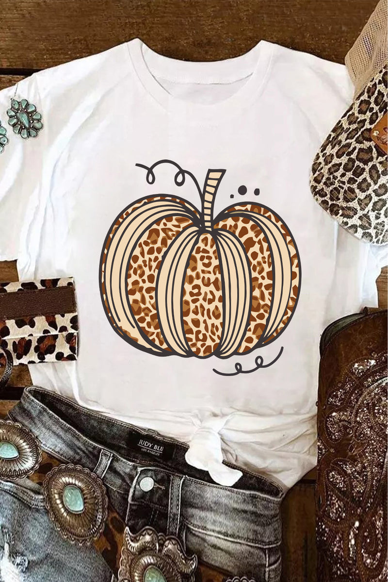 Hazel Blues® |  White Leopard Pumpkin Graphic Crewneck Halloween T Shirt
