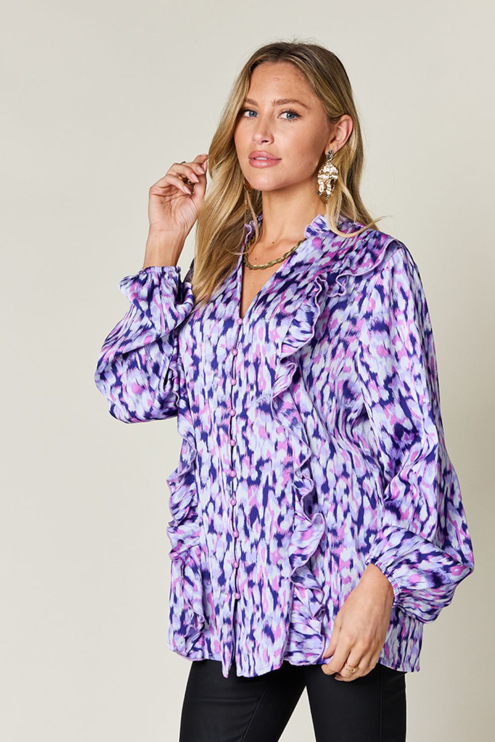 Hazel Blues® |  Double Take Printed Ruffle Trim Balloon Sleeve Shirt