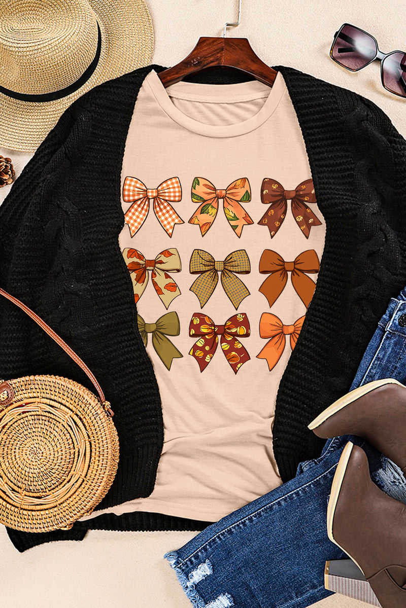 Hazel Blues® |  Khaki Halloween Fall Bowknot Graphic Short Sleeve Top