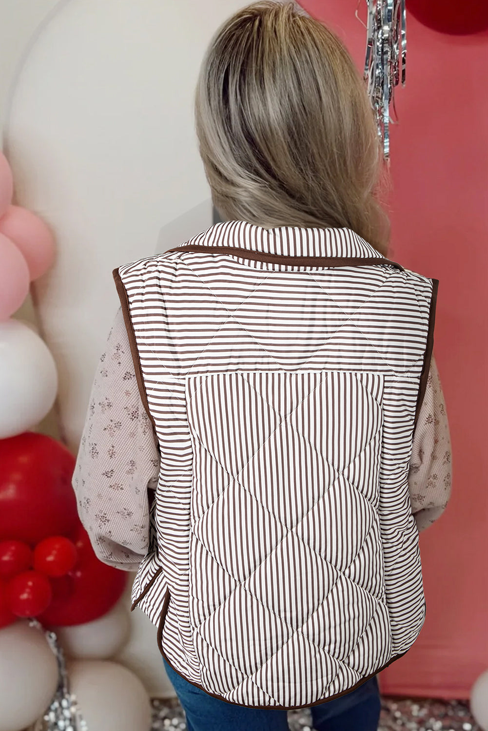 Hazel Blues® |  Brown Stripe Snap Button Scalloped Hem Collared Winter Vest