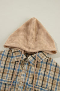 Hazel Blues® |  Drawstring Waffle Knit Patchwork Hooded Plaid Shacket