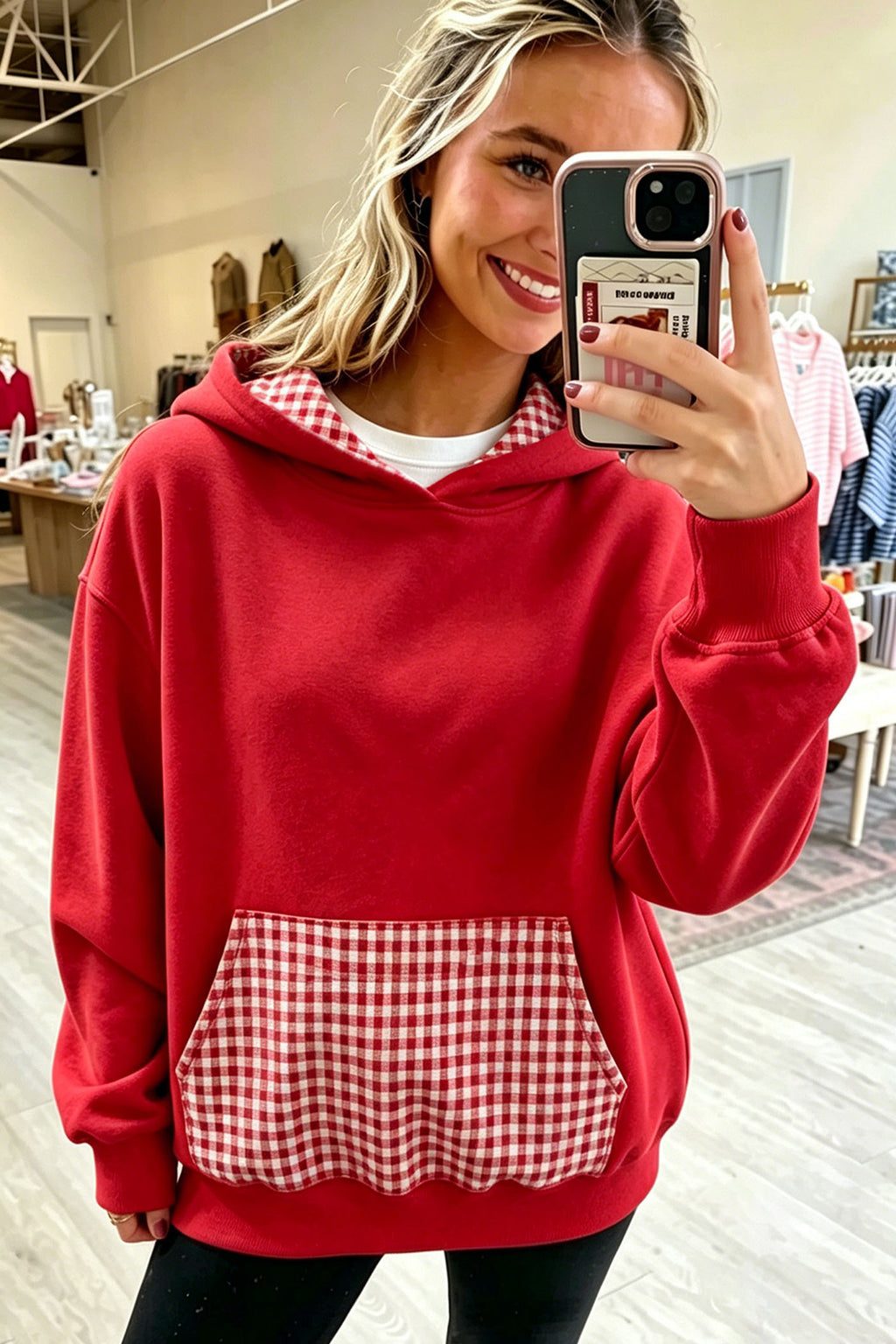 Red Plaid Patchwork Pocket Hoodie