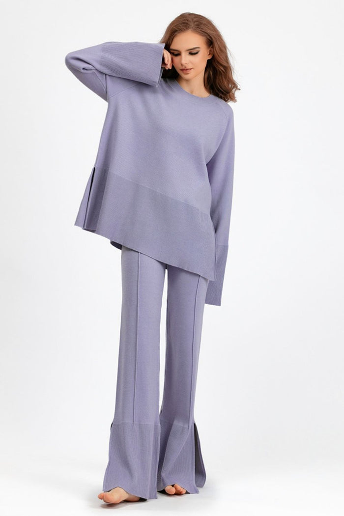 Hazel Blues® |  Basic Bae Slit Round Neck Long Sleeve Top and Drawstring Pants Sweater Set