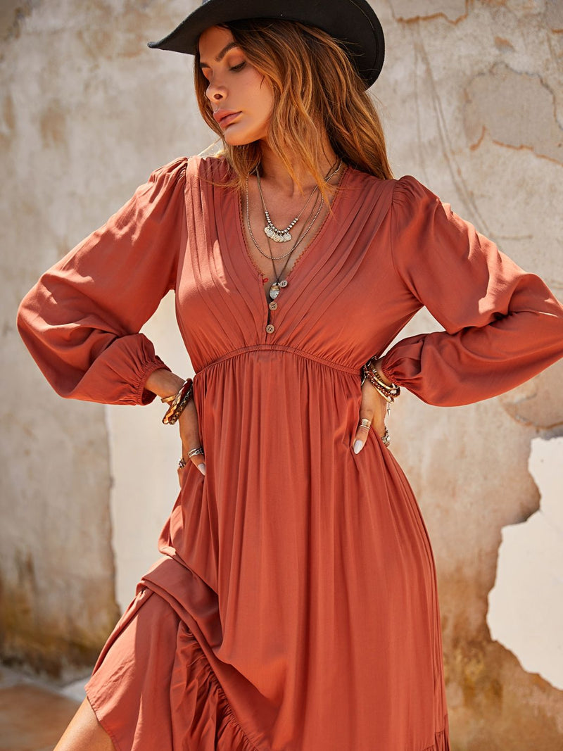 Hazel Blues® |  Ruched V-Neck Long Sleeve Midi Dress