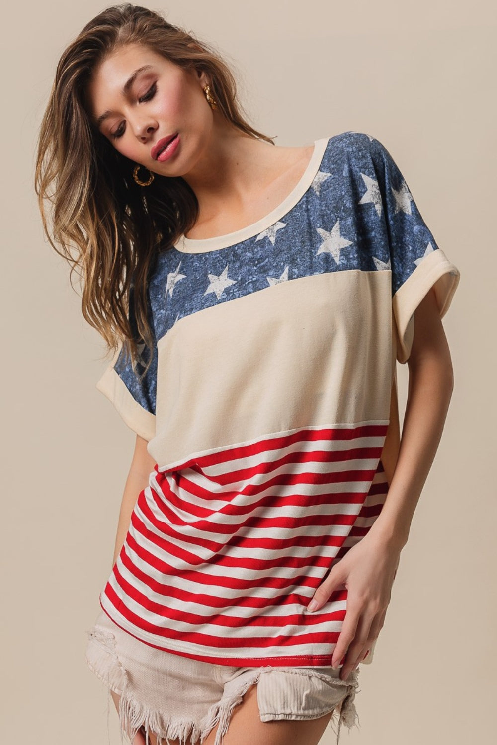 Hazel Blues® |  BiBi American Flag Theme Short Sleeve T-Shirt